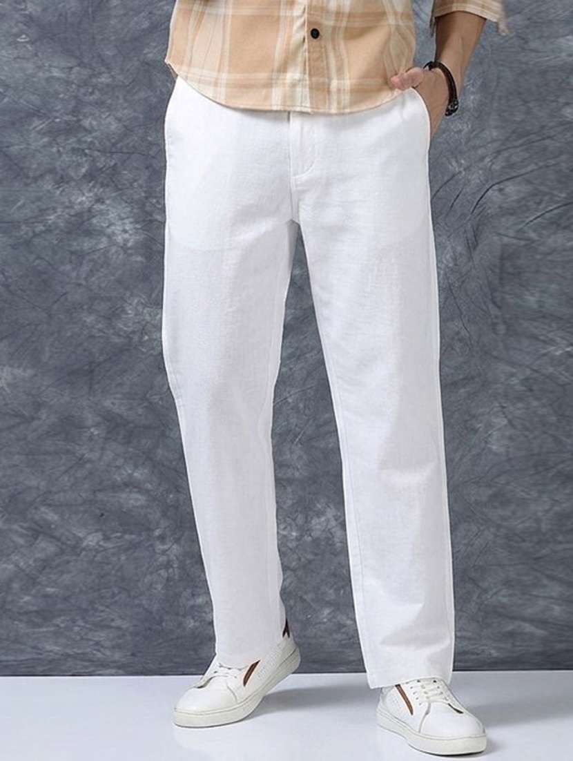 men solid mid rise flat front casual trouser