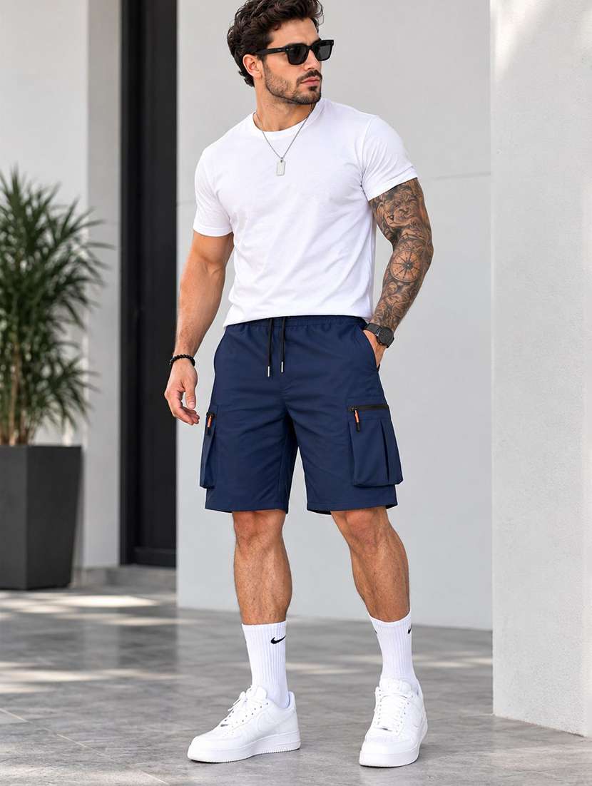 Men Solid Mid Rise Regular Fit Cargo Shorts - 22728609 -  Standard Image - 4