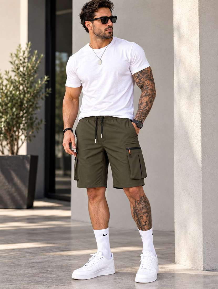 Men Solid Mid Rise Regular Fit Cargo Shorts - 22728613 -  Standard Image - 4