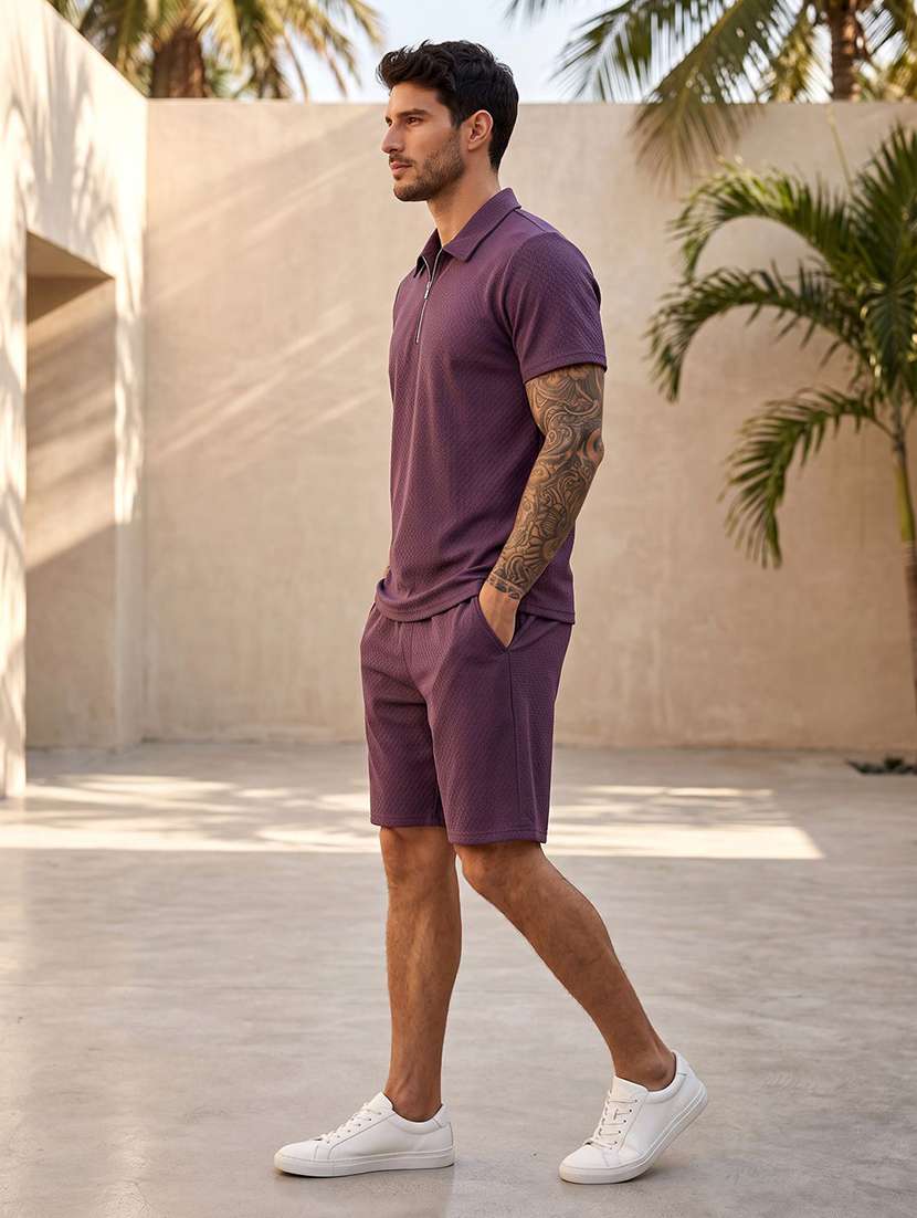 Men Self Design Short Sleeve Shorts & T-shirt Co-ord Set - 22728661 -  Standard Image - 1