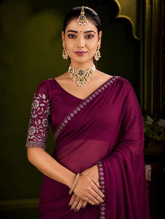 Women Solid With Bordered Saree With Blouse - 22729540 -  Standard Image - 1