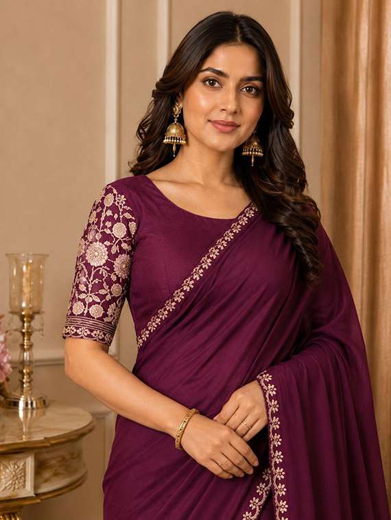 Women Solid With Bordered Saree With Blouse - 22729542 -  Standard Image - 1