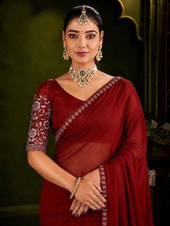 Women Solid With Bordered Saree With Blouse - 22729550 -  Standard Image - 1