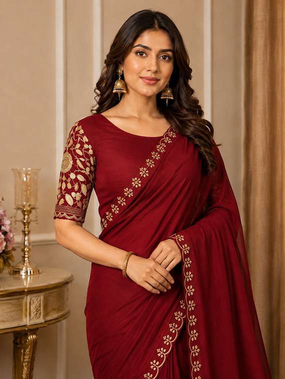 Women Solid With Bordered Saree With Blouse - 22729552 -  Standard Image - 1