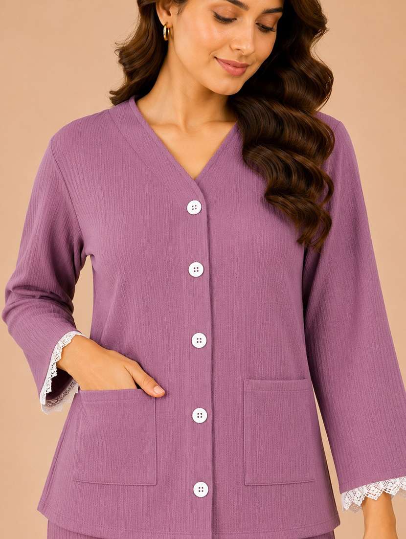 Women Solid Long Sleeves Pyjama Set - 22729699 -  Standard Image - 1