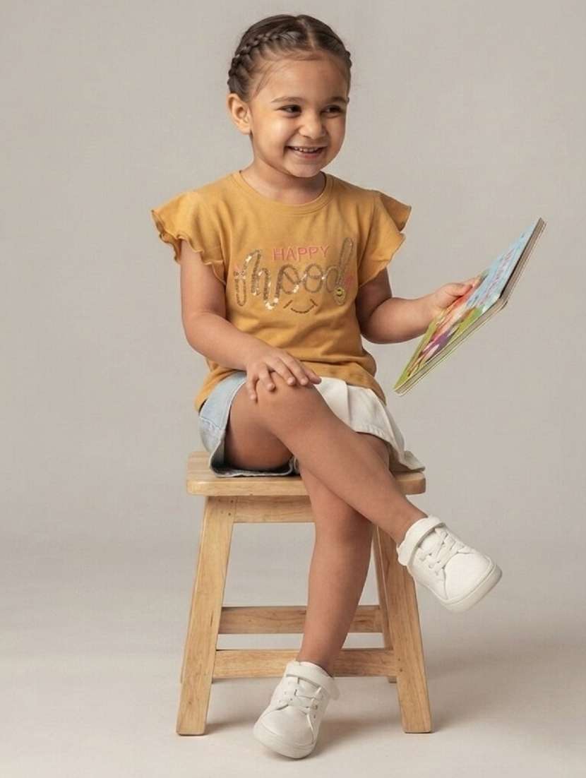 Girls Printed Flutter Sleeves Regular Fit Tee - 22730081 -  Standard Image - 1