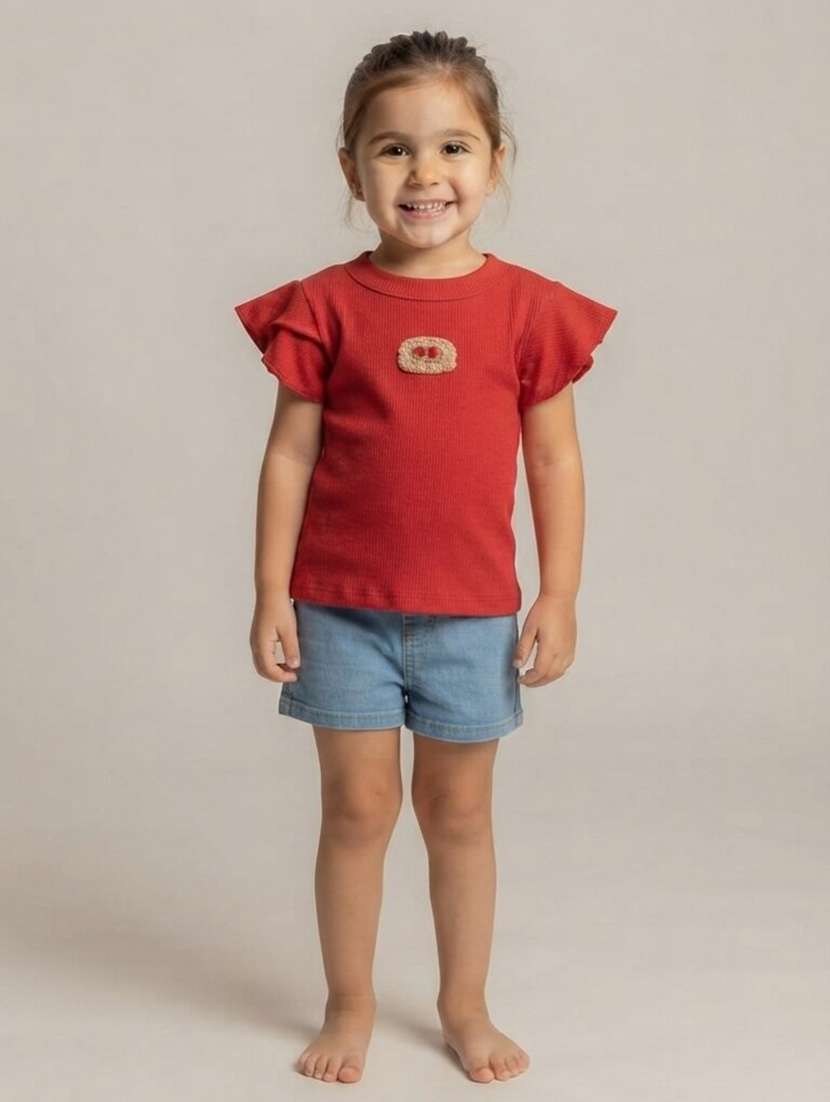 Girls Solid Flutter Sleeves Regular Fit Tee - 22730082 -  Standard Image - 1