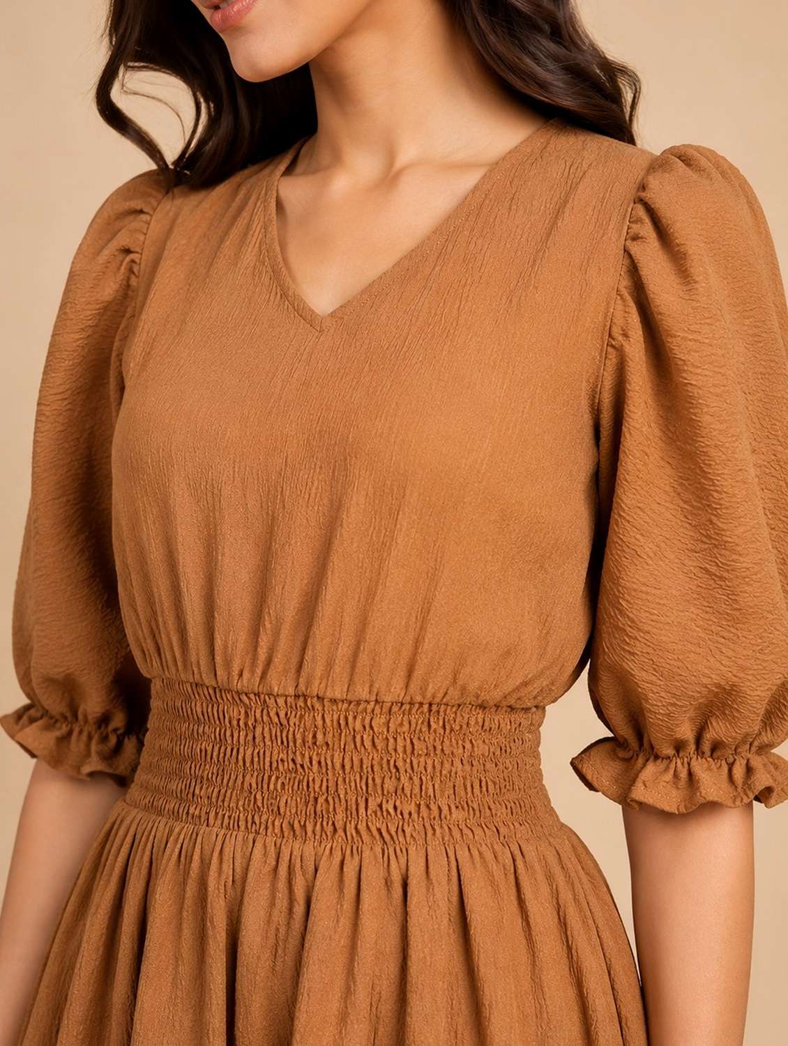 Women Solid Puff Sleeves Fit And Flare Dress - 22730926 -  Standard Image - 1