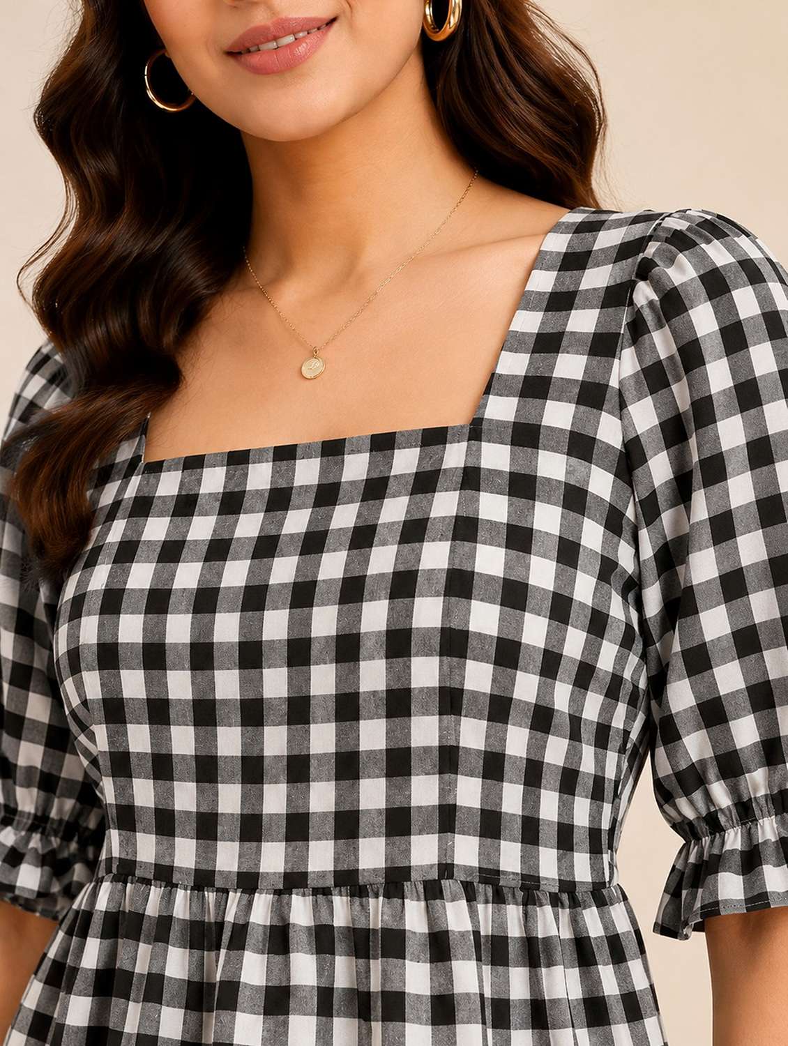 Women Checkered Puff Sleeves Peplum Top - 22730927 -  Standard Image - 1