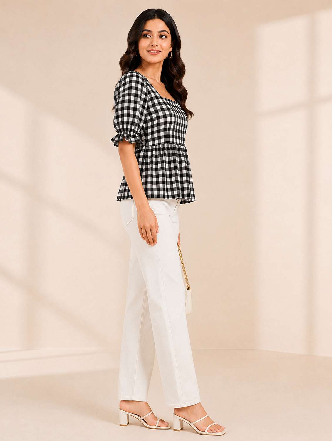 Women Checkered Puff Sleeves Peplum Top - 22730927 -  Standard Image - 4