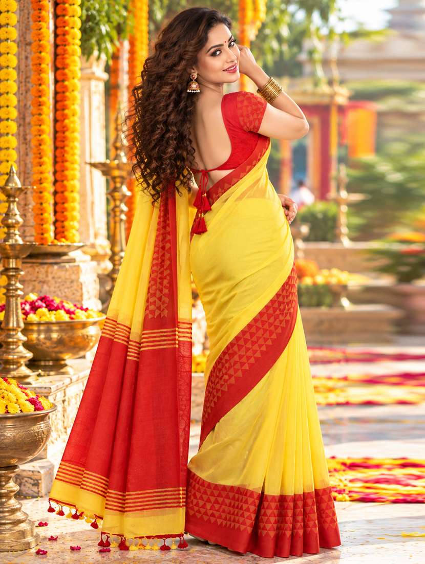 Women Solid With Bordered Handloom Saree With Blouse - 22730928 -  Standard Image - 1