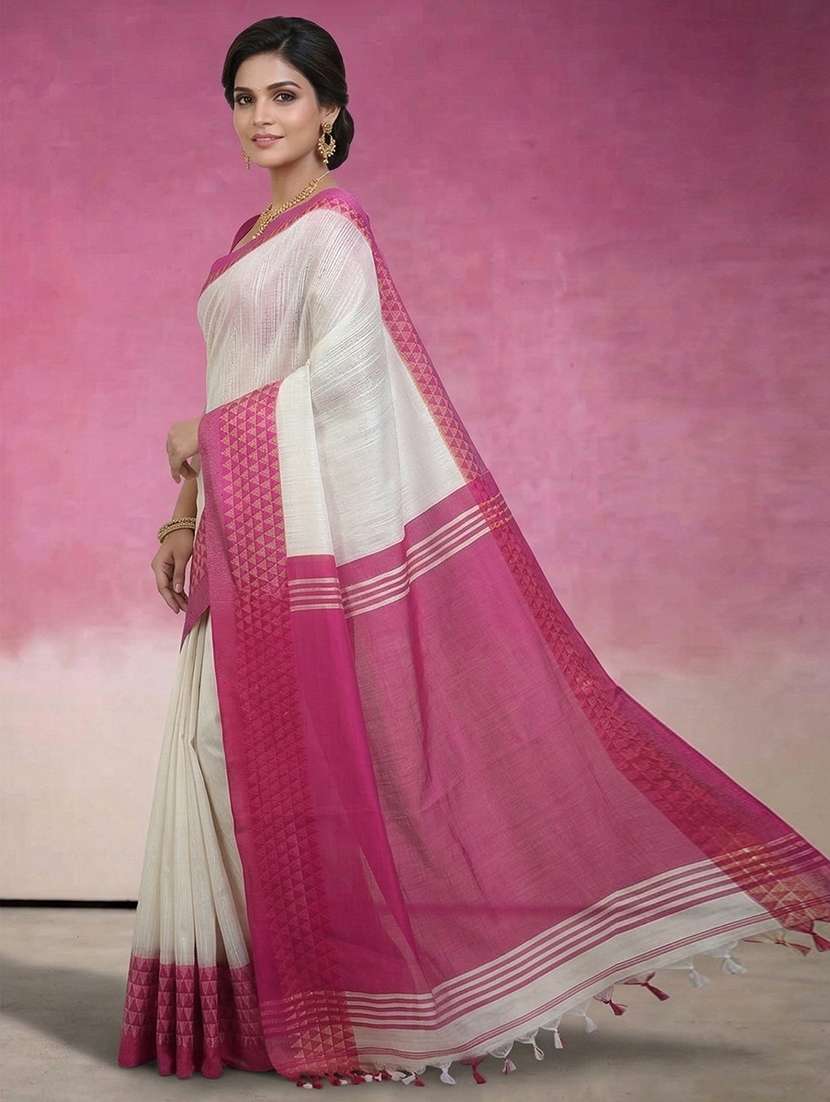 Women Solid With Bordered Handloom Saree With Blouse - 22730932 -  Standard Image - 1