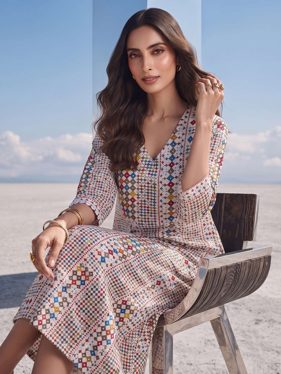 women printed three quarter sleeves a-line dress