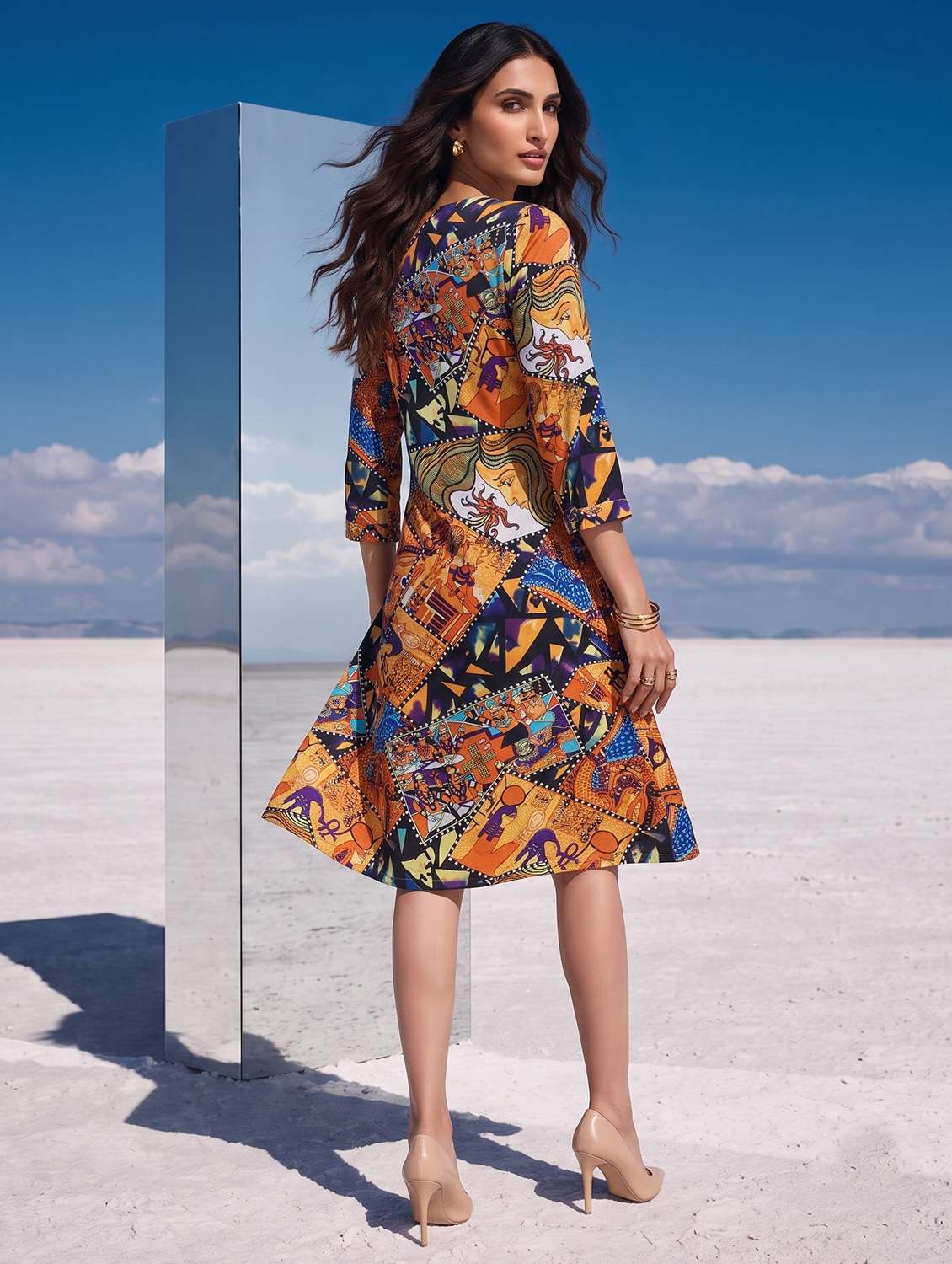 Women Printed Three Quarter Sleeves A-line Dress - 22731485 -  Standard Image - 4
