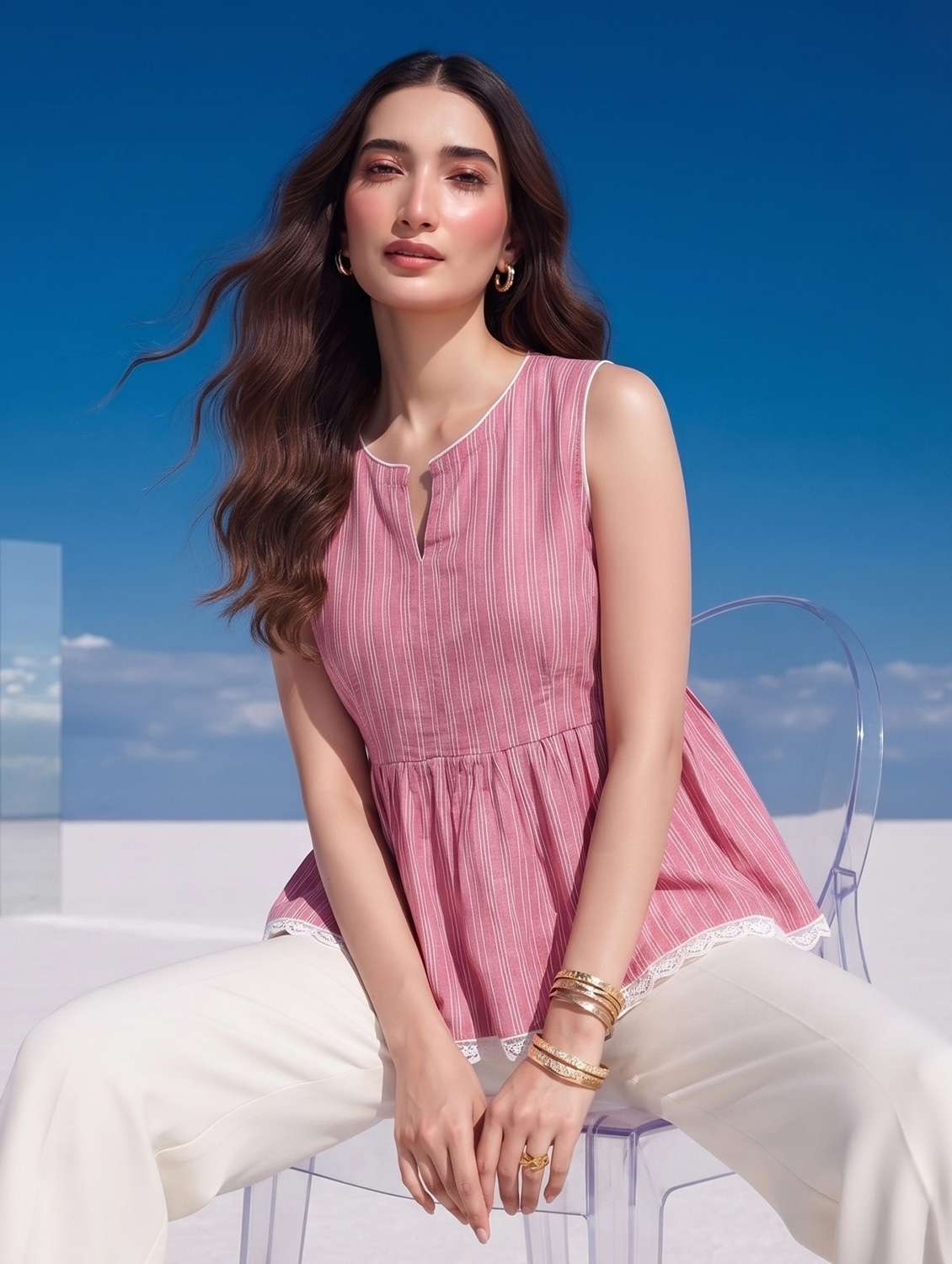 Women Striped Sleeveless Peplum Top - 22731512 -  Standard Image - 1