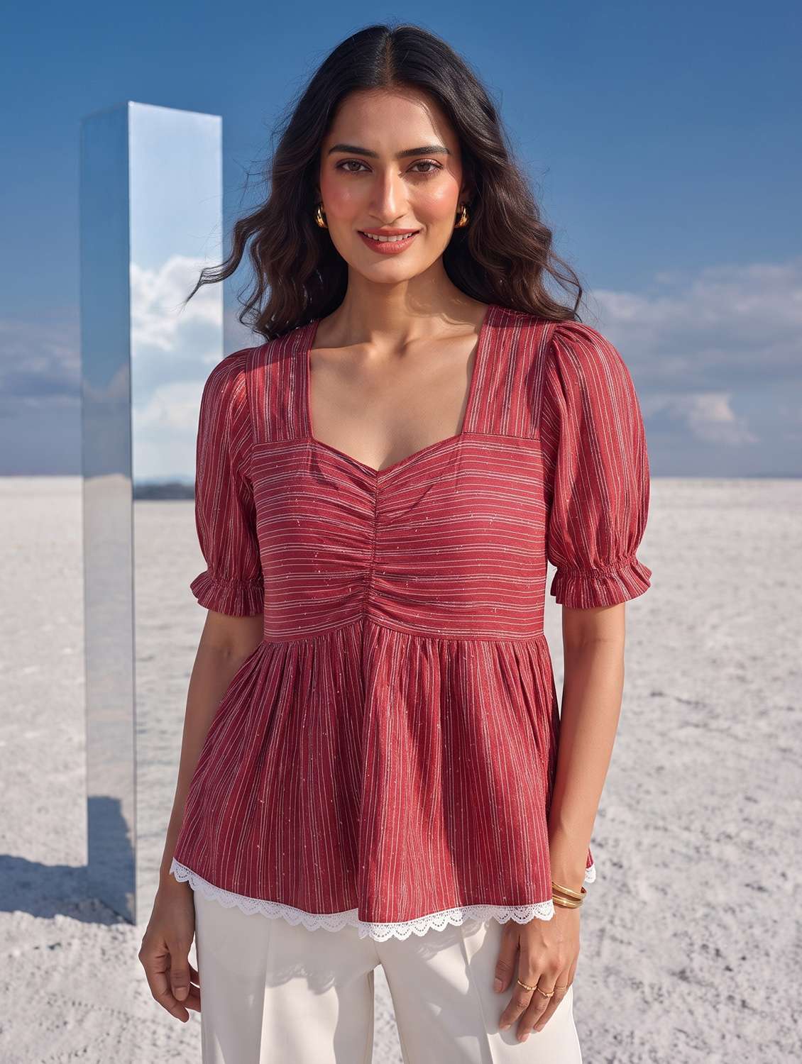 Women Striped Puff Sleeves Peplum Top - 22731514 -  Standard Image - 1