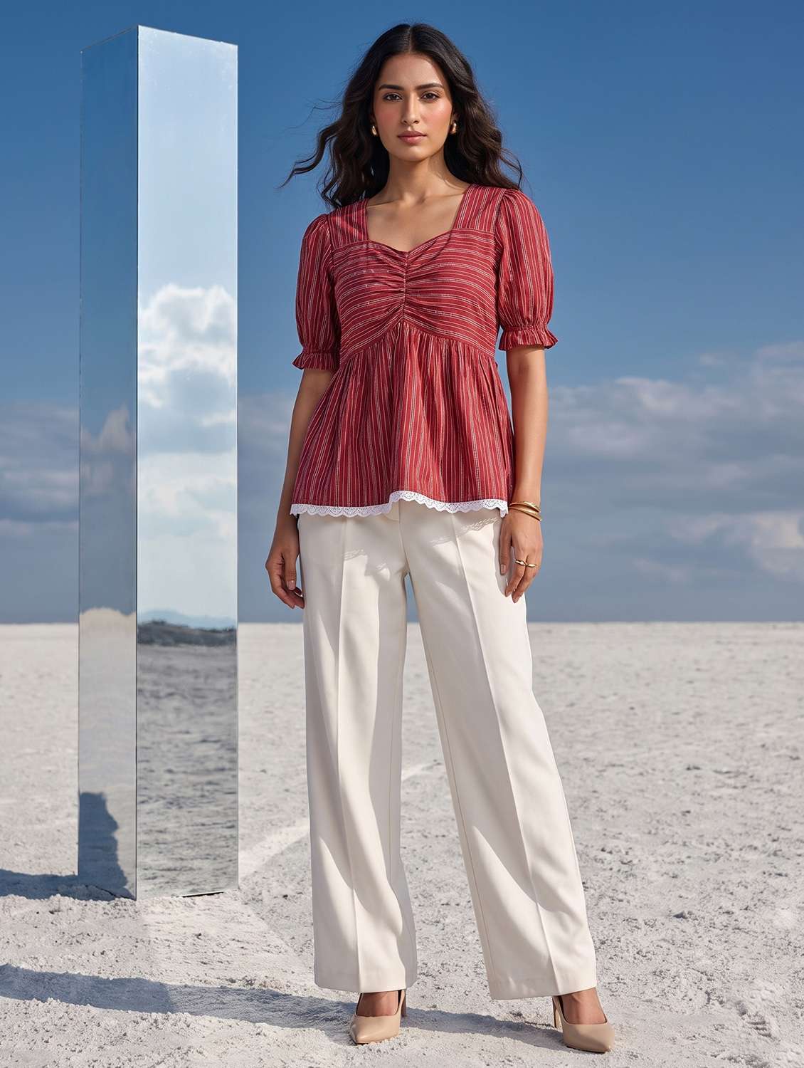 Women Striped Puff Sleeves Peplum Top - 22731514 -  Standard Image - 4