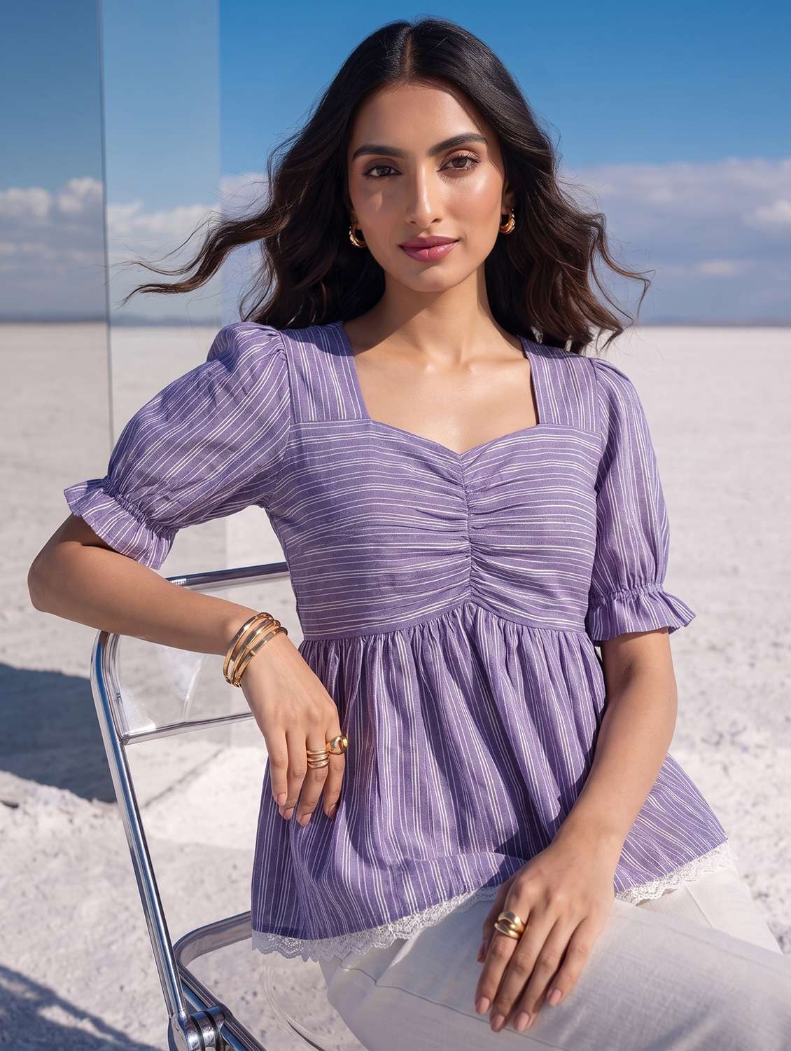Women Striped Puff Sleeves Peplum Top - 22731515 -  Standard Image - 1