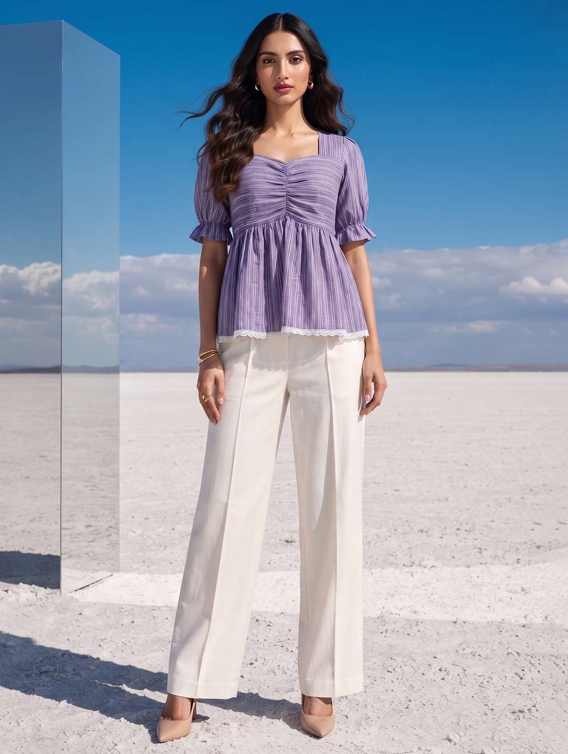 Women Striped Puff Sleeves Peplum Top - 22731515 -  Standard Image - 4