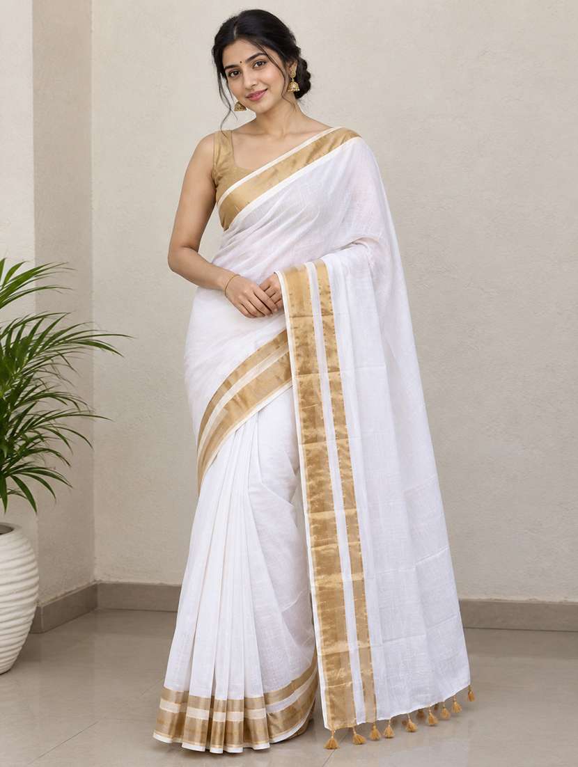 women solid with bordered saree with blouse