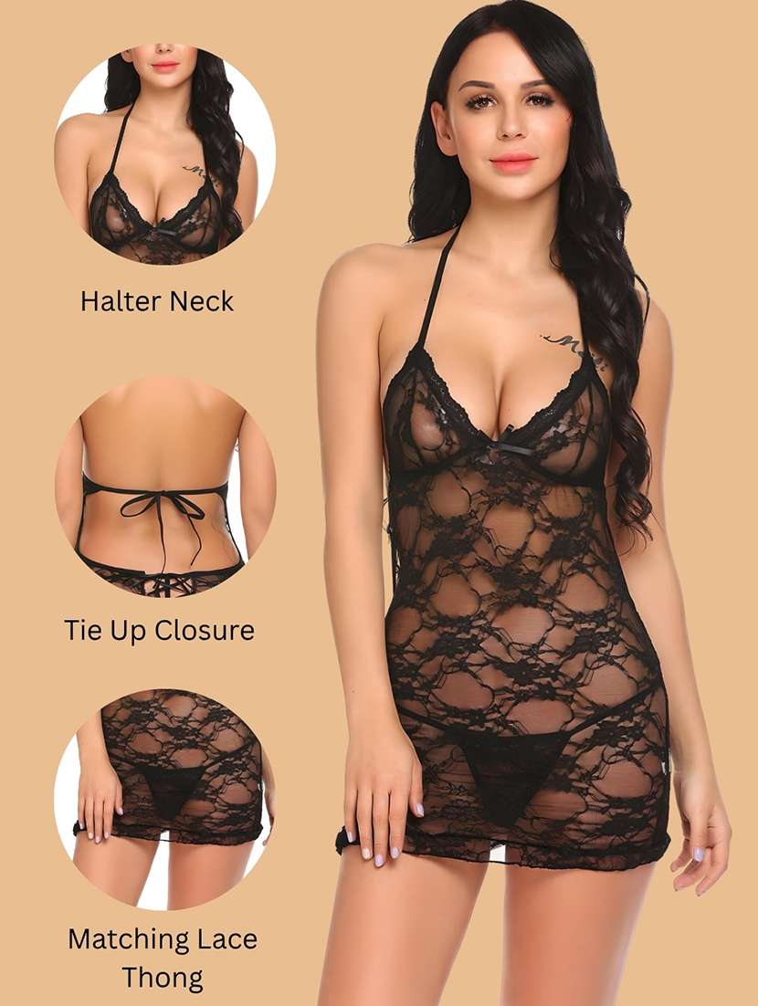 Women Self Design Halter Neck Babydoll Set - 22731747 -  Standard Image - 4