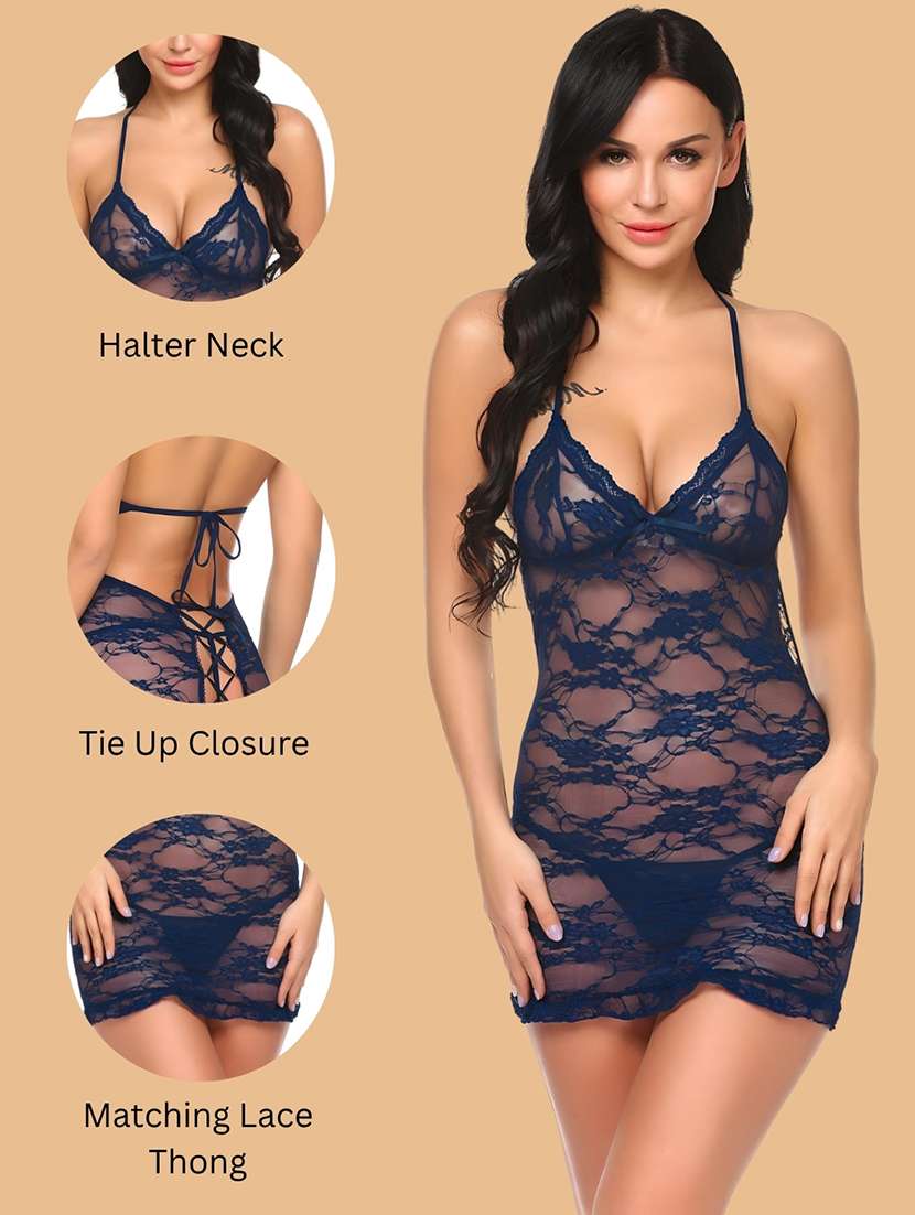 Women Self Design Halter Neck Babydoll Set - 22731748 -  Standard Image - 4