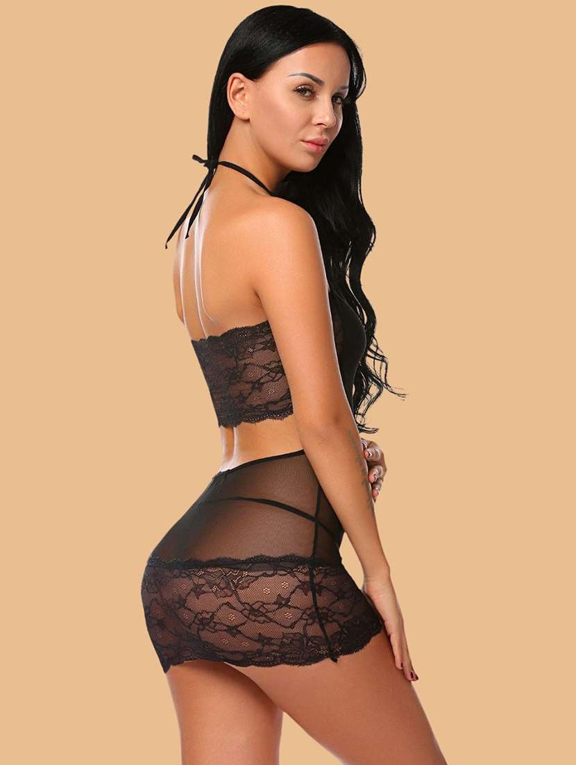 Women Self Design Halter Neck Babydoll Set - 22731786 -  Standard Image - 4
