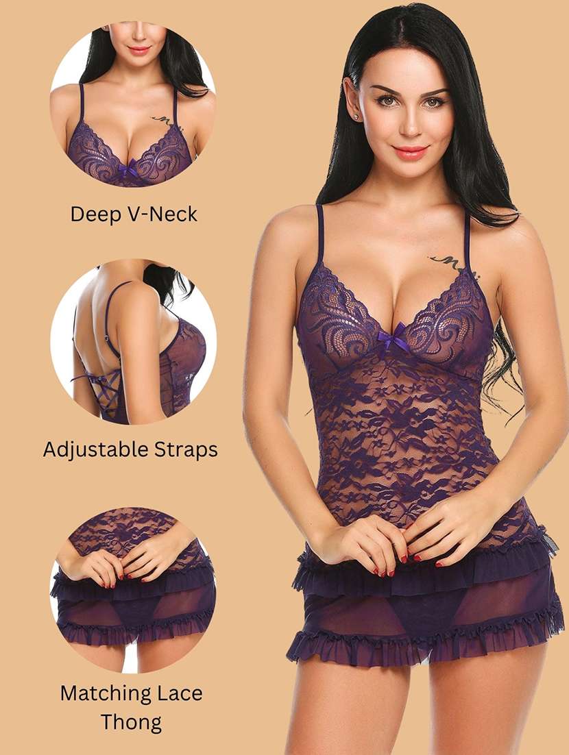 Women Self Design V Neck Babydoll Set - 22731793 -  Standard Image - 4