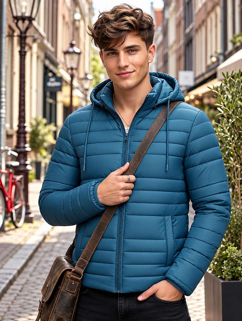 men solid long sleeve puffer jacket