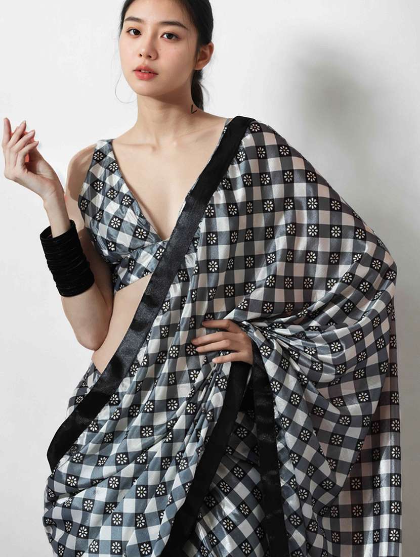 Women Checkered Ready To Wear Saree With Blouse - 22736885 -  Standard Image - 1