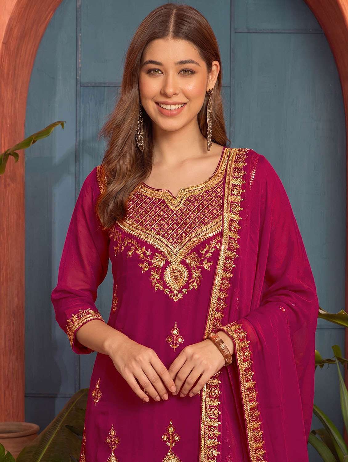 Women Embroidered Three Quarter Sleeves Kurta Palazzo With Dupatta Set - 22737508 -  Standard Image - 1