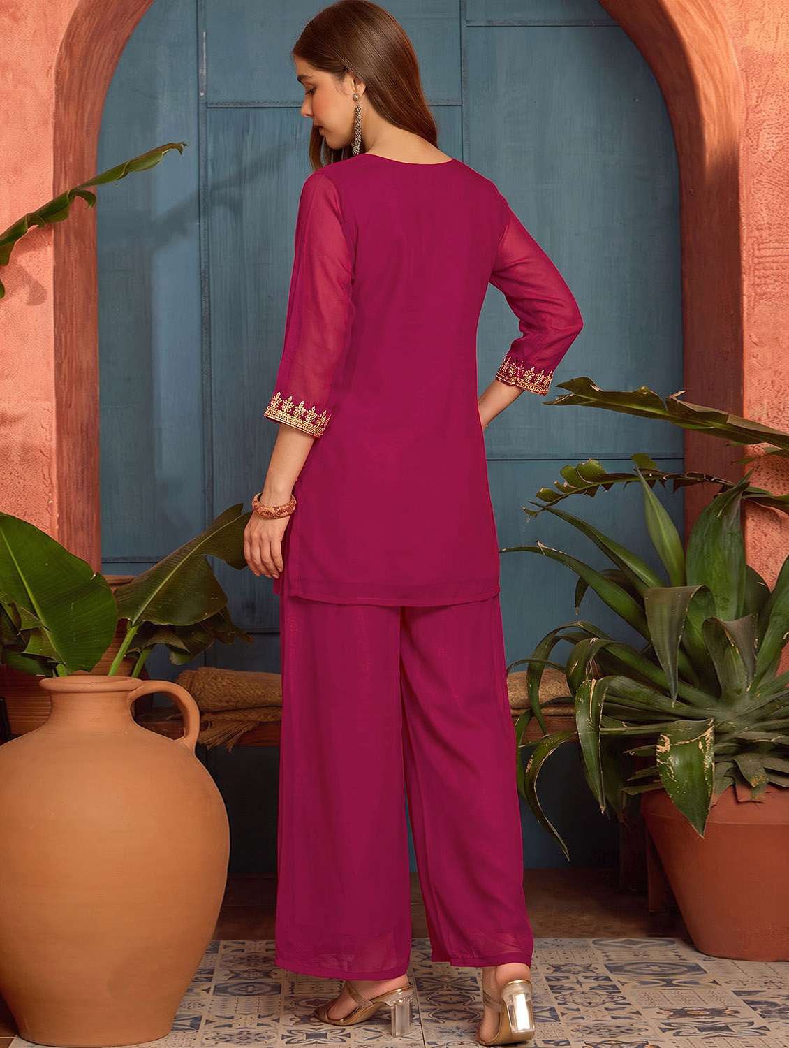 Women Embroidered Three Quarter Sleeves Kurta Palazzo With Dupatta Set - 22737508 -  Standard Image - 4
