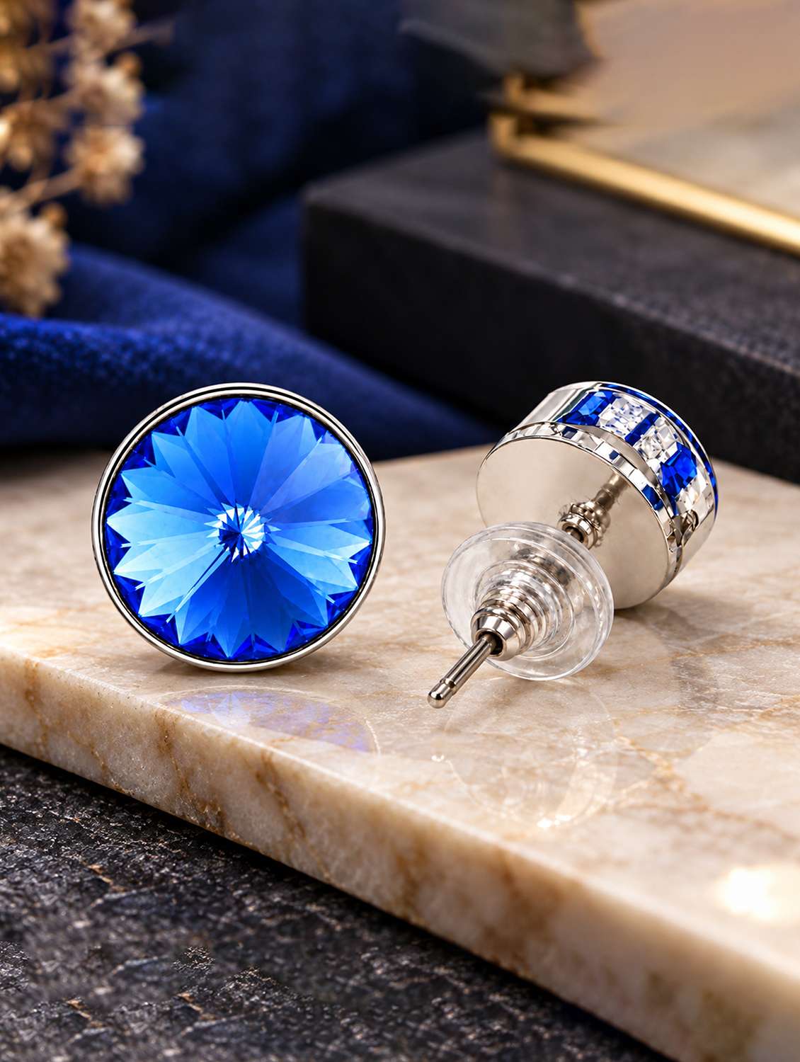 mahi royal blue round solitaire cubic zirconia (cz) single stud earring for men