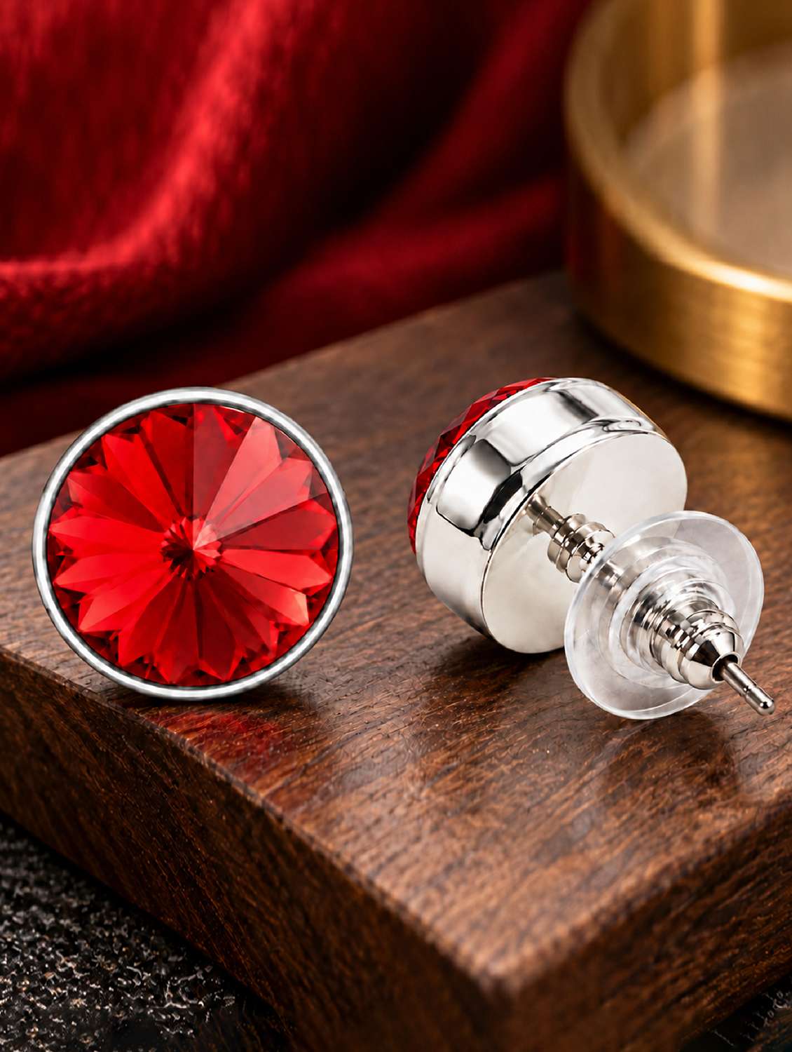 mahi red round solitaire cubic zirconia (cz) single stud earring for men 