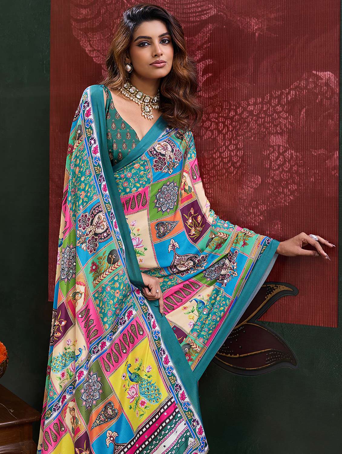 Women Printed Mirror Work Saree With Blouse - 22738040 -  Standard Image - 1
