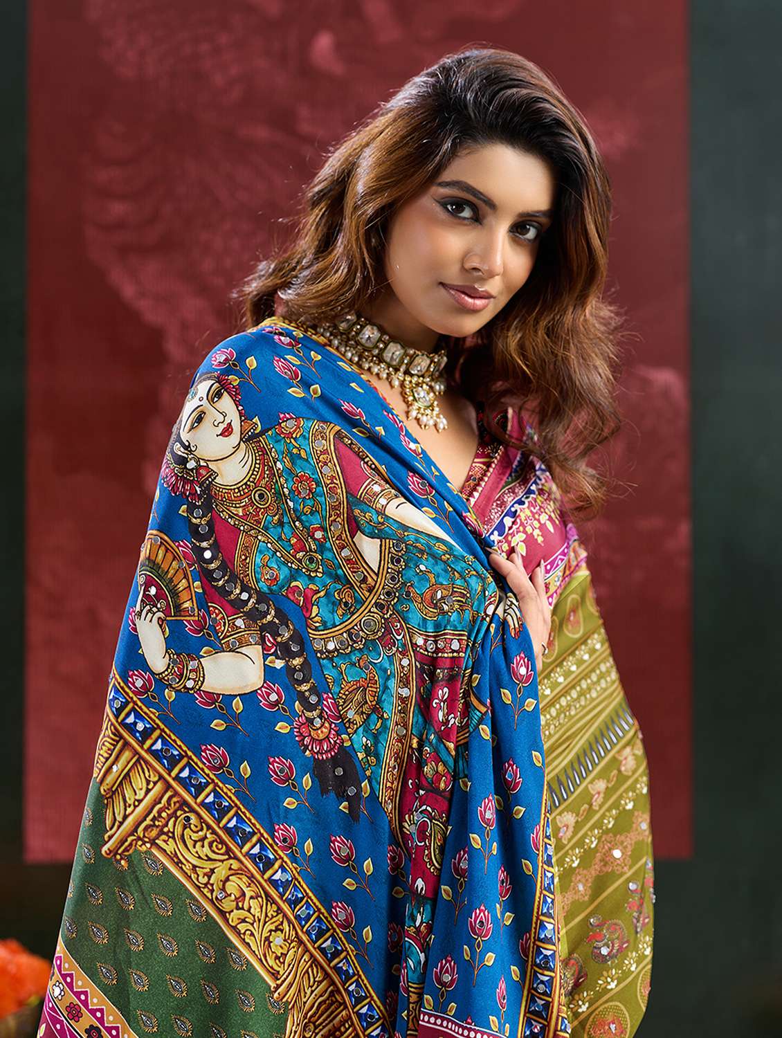 Women Printed Mirror Work Saree With Blouse - 22738041 -  Standard Image - 1