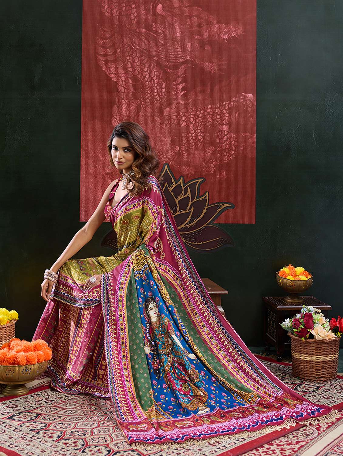 Women Printed Mirror Work Saree With Blouse - 22738041 -  Standard Image - 4