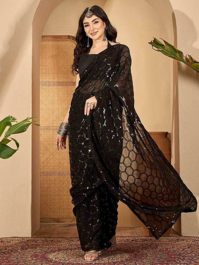 Women Solid With Work Embellished Saree With Blouse - 22738570 -  Standard Image - 1