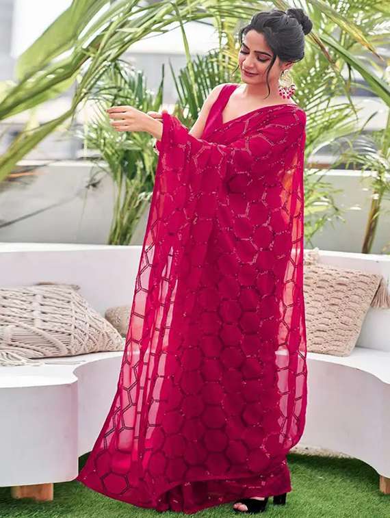 Women Solid With Work Embellished Saree With Blouse - 22738575 -  Standard Image - 1
