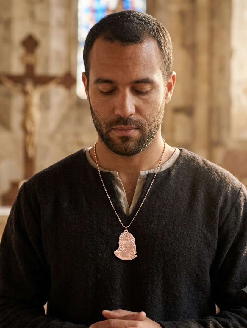 Jesus Face Rose Gold Tone Brass Spiritual Pendant With Chain - 22740108 -  Standard Image - 1