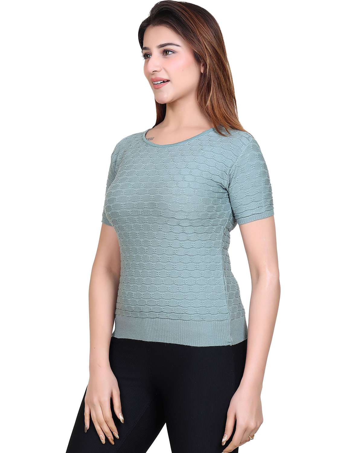 Women Self Design Short Sleeves Regular T-shirt - 22740417 -  Standard Image - 1