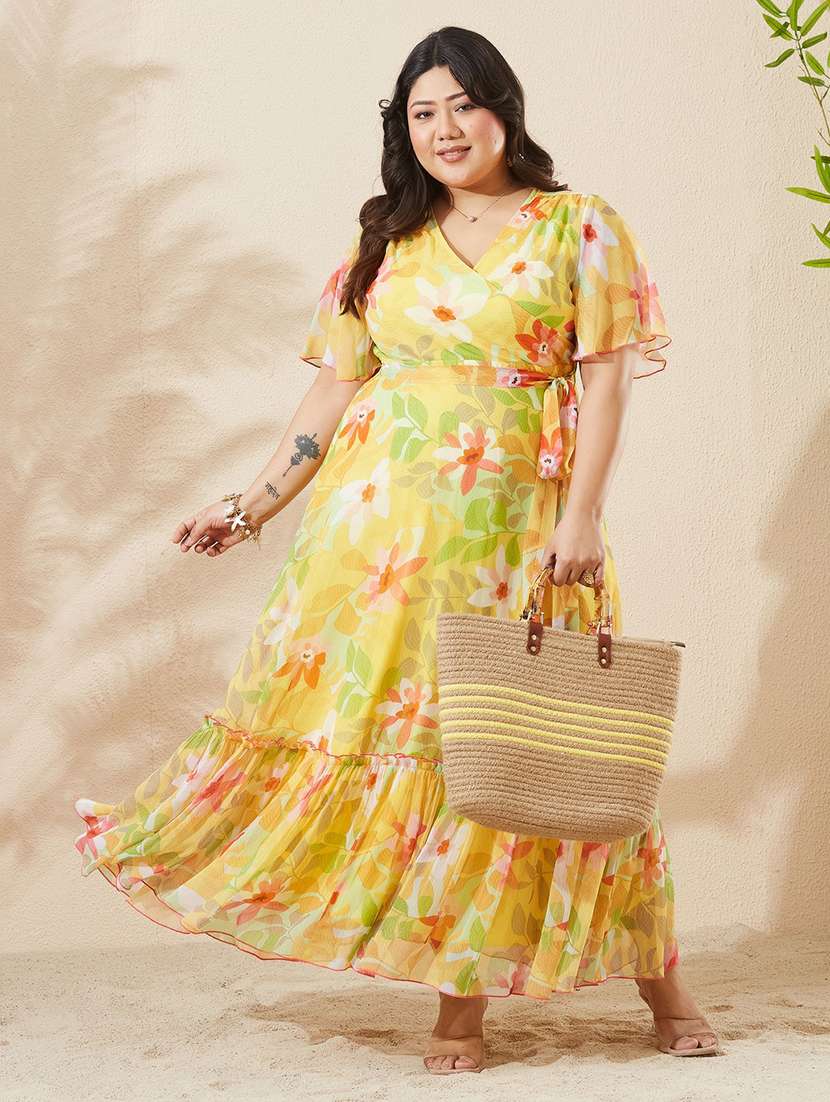 women printed flared sleeves tiered dress