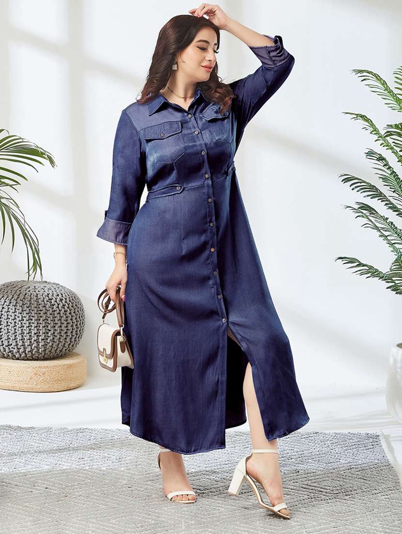 women solid three quarter sleeves shirt dress
