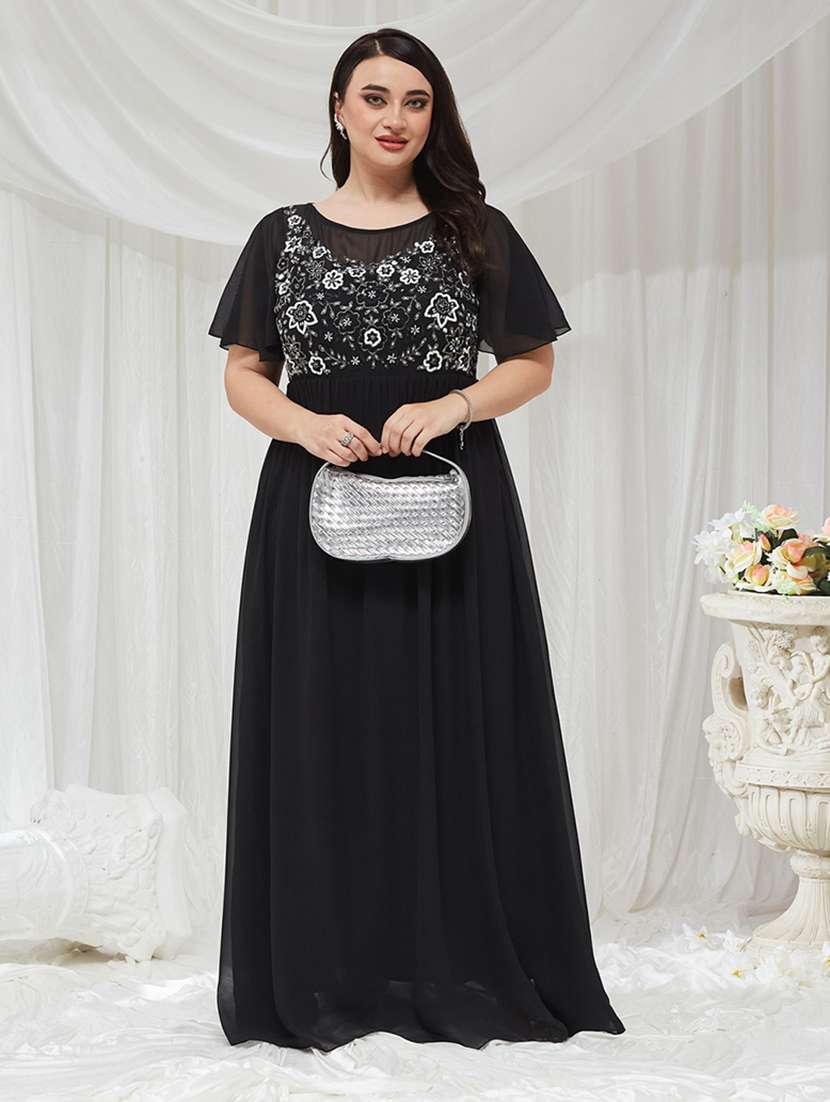 women embroidered flared sleeves fit and flare gown