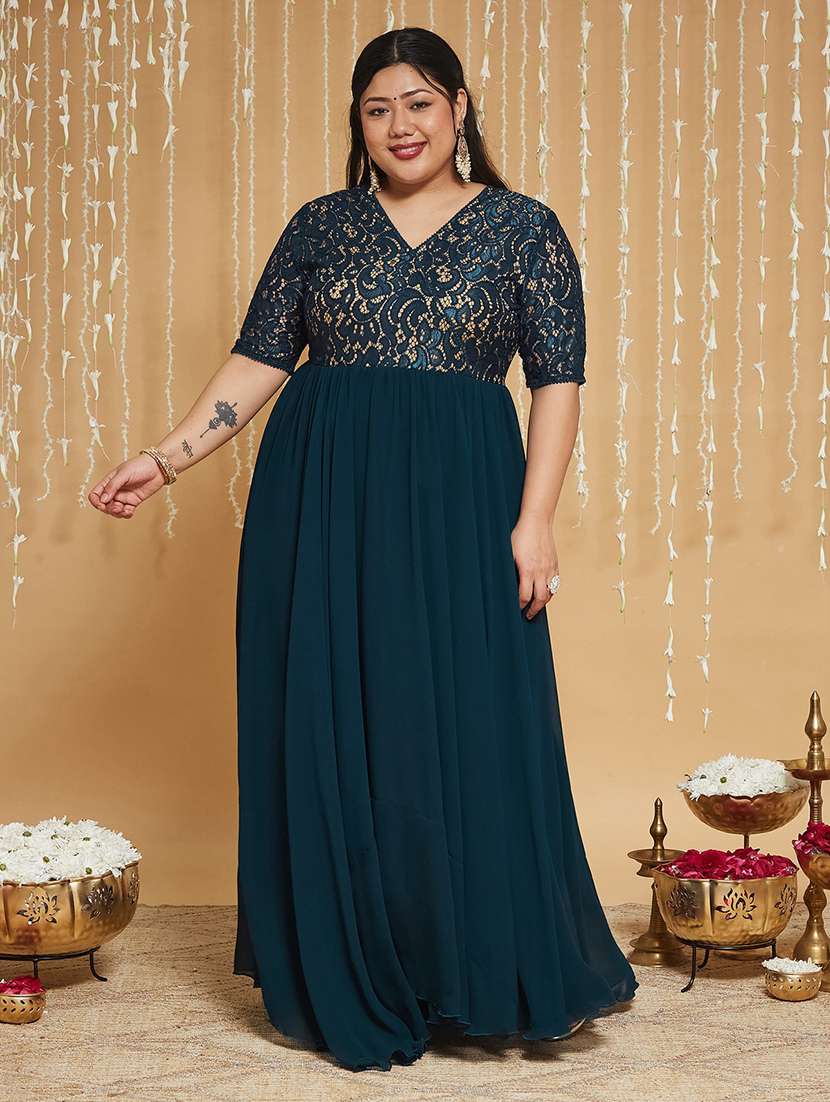 women self design short sleeves fit and flare gown