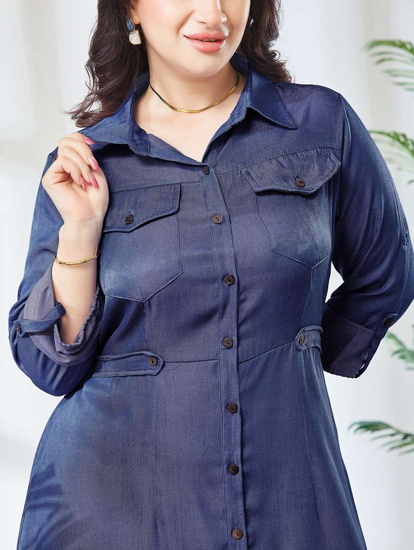 Women Solid Three Quarter Sleeves Shirt Dress - 22741378 -  Standard Image - 1