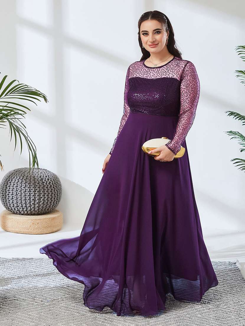 women embroidered long sleeves fit and flare gown