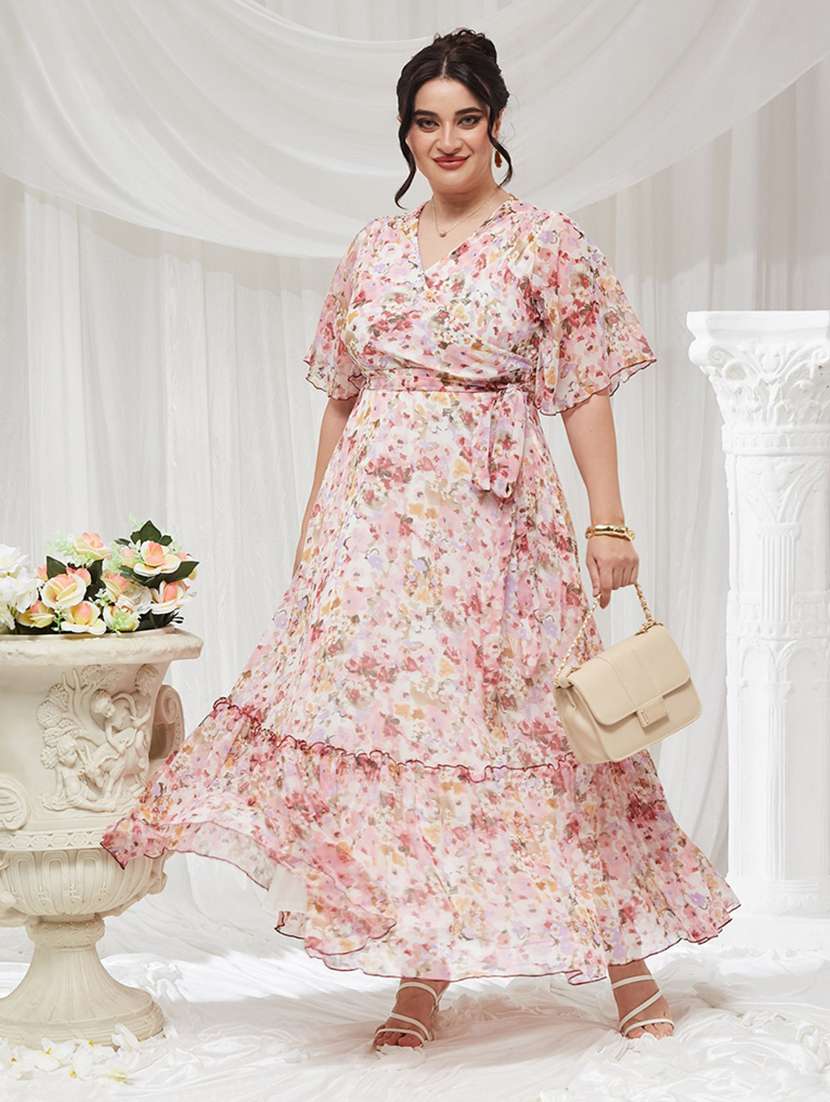 women printed flared sleeves tiered dress