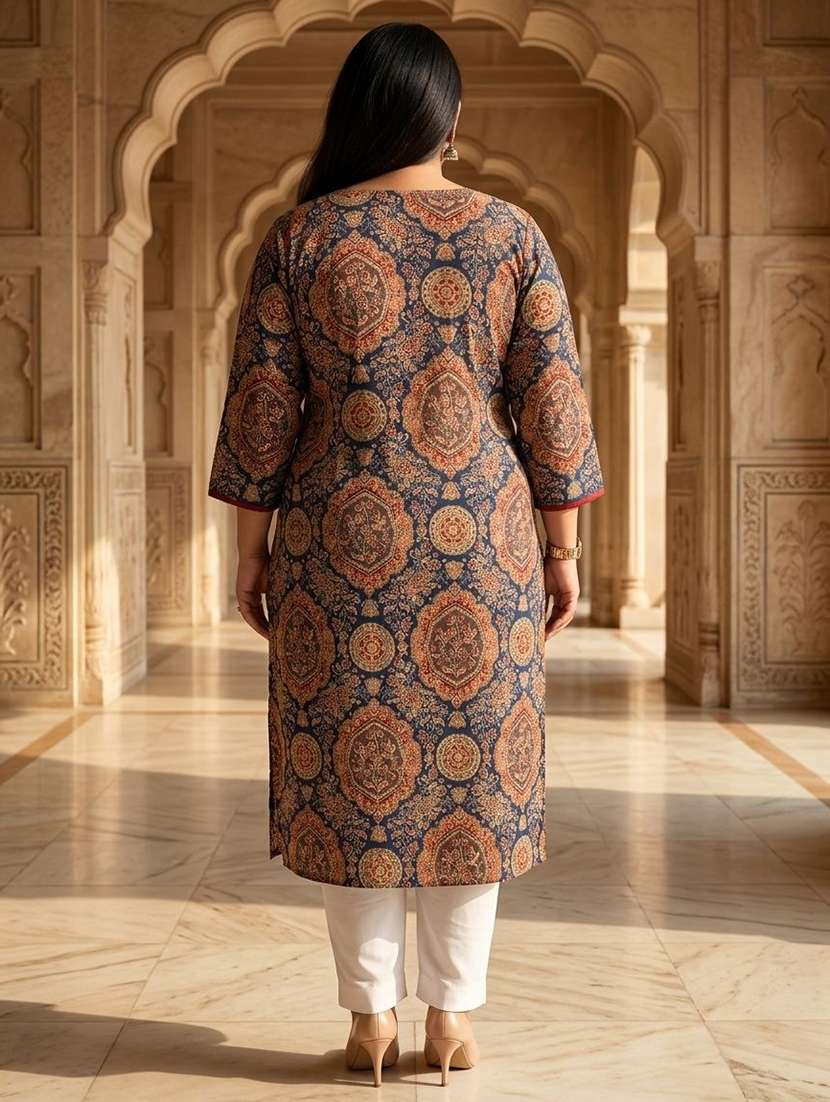 Women Printed Three Quarter Sleeves Straight Kurta - 22743633 -  Standard Image - 4