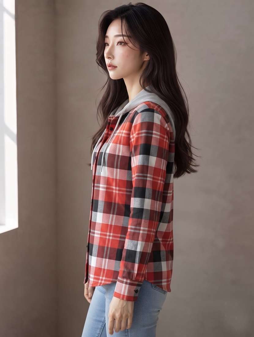 Women Checkered Long Sleeves Hooded Shacket - 22743680 -  Standard Image - 1